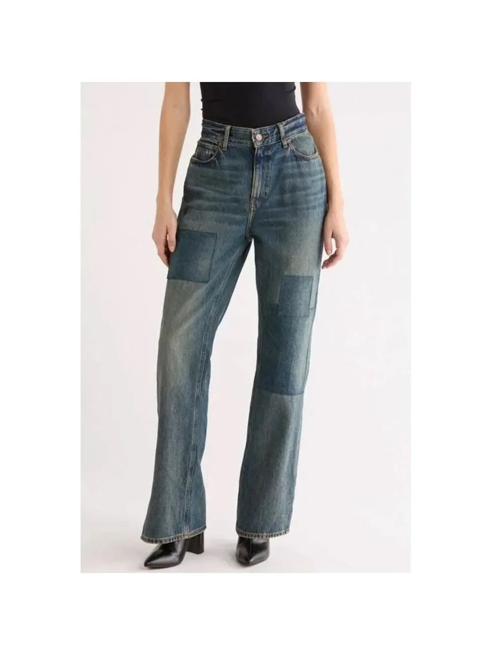 Women's GOOD AMERICAN Blue Patchwork The Khloe Flare Jeans Size 4 - Picture 3 of 11